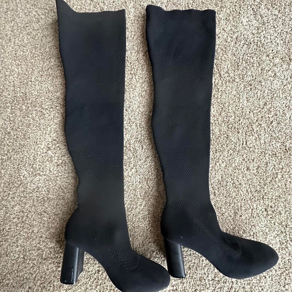 Zara ribbed fabric thigh high heeled boots